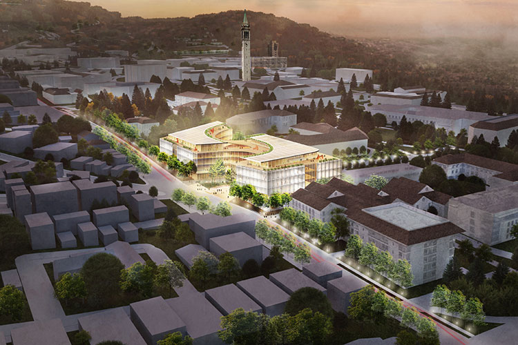 An artistic rendering of the Berkeley campus from above, showing an illustration of the proposed Gateway building