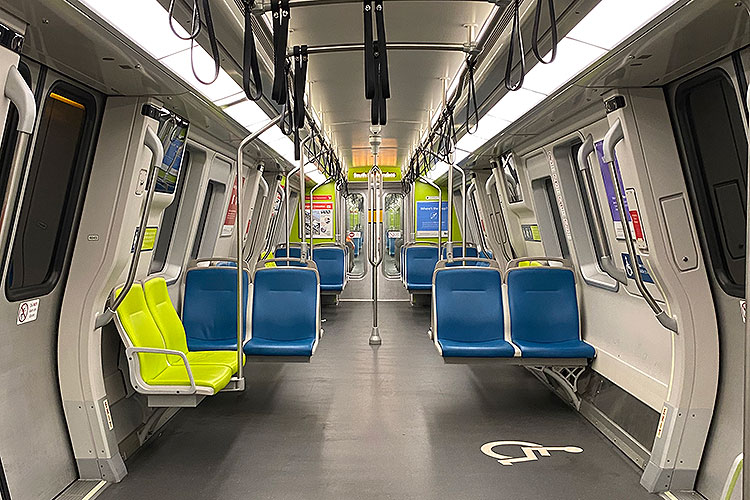 The interior of an empty train car on the Bay Area Rapid Transit system in California