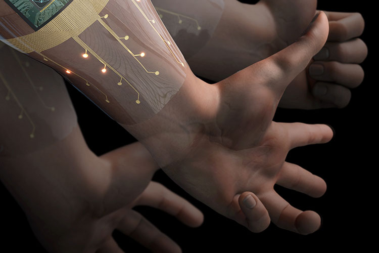 A graphical illustration shows a forearm and hand showing a thumbs up sign. The forearm has what appears to be a transparent electrical chip on it.