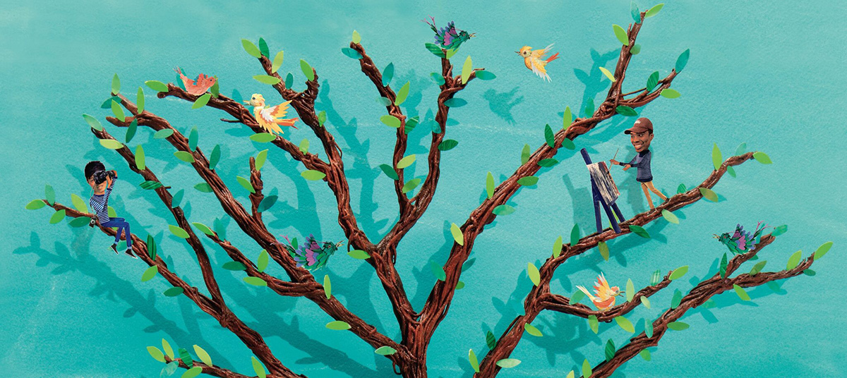 Graphic of tree with branches, birds, one person looking through binoculars and another painting 