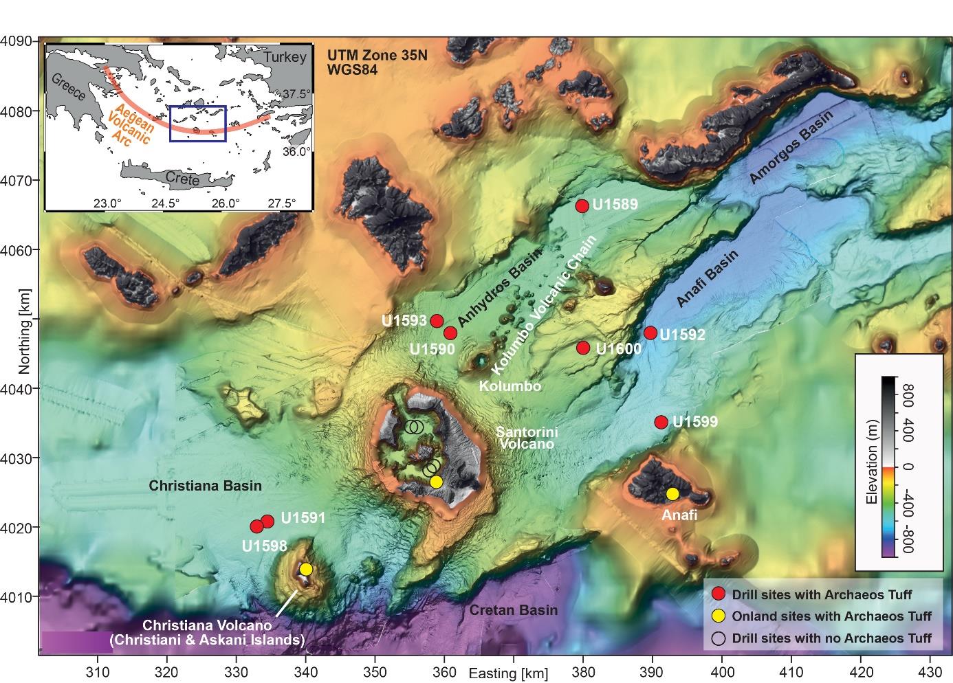 colorful map of seafloor around Santorini, showing drill sites as red dots