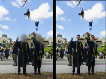 Graduates shown with blurred and regular faces.