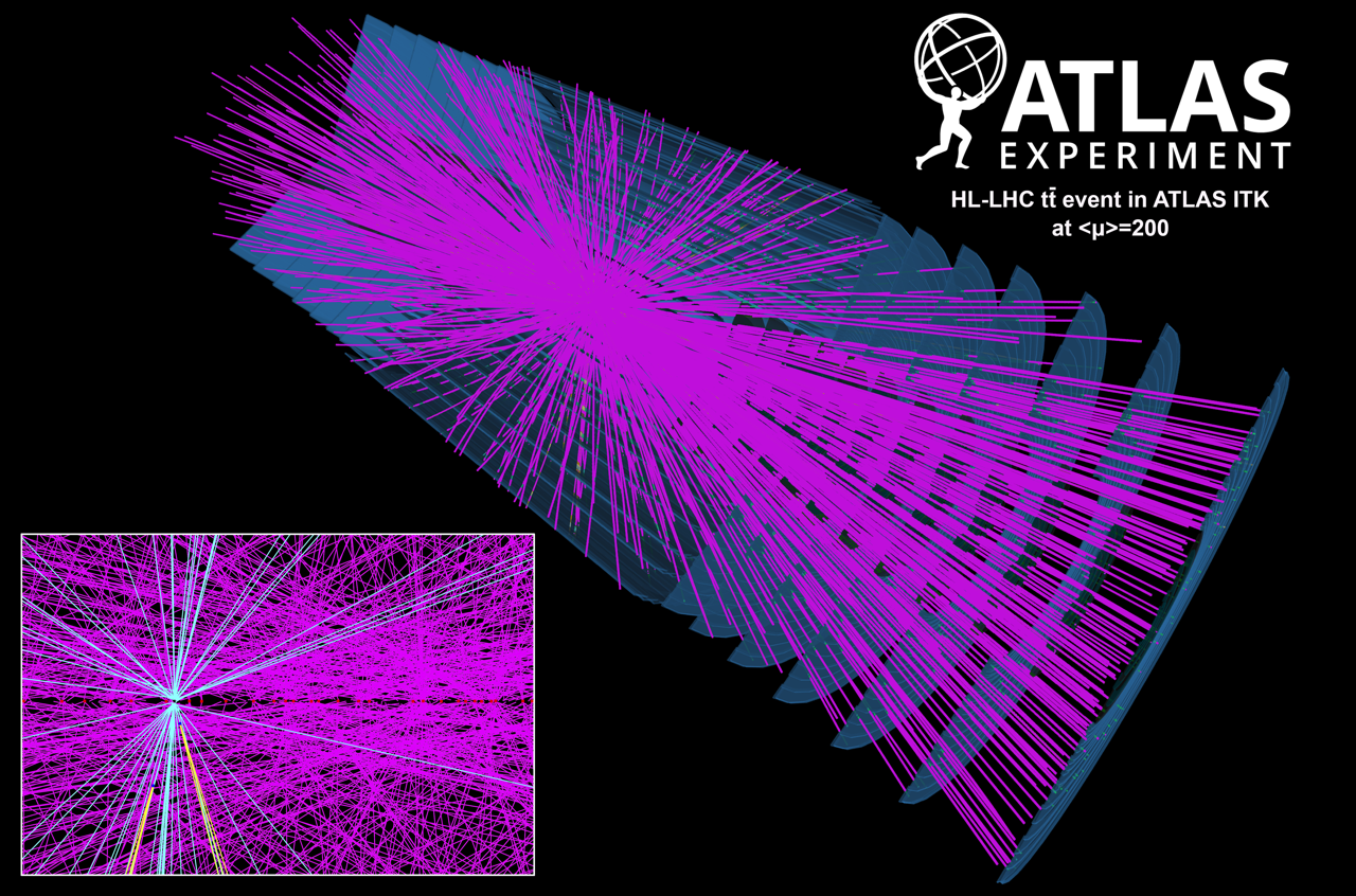 Display of a simulated High-Luminosity Large Hadron Collider (HL-LHC) particle collision event in an upgraded ATLAS detector.