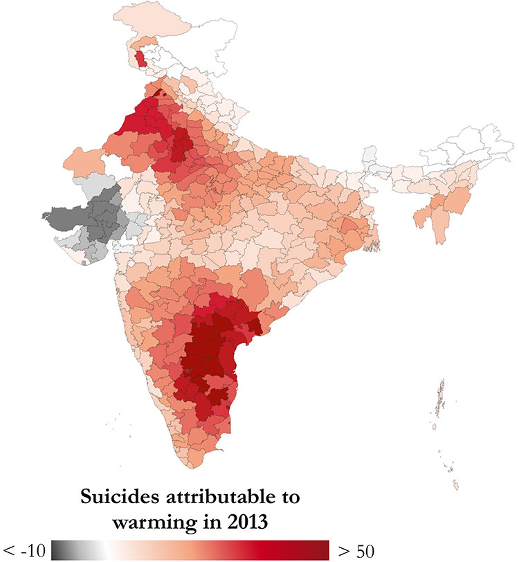 India map showing suicides in 2013 attributed to warming