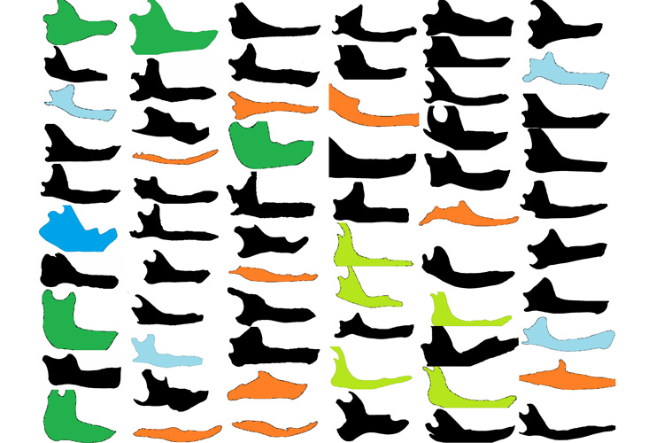dozens of silhouettes of animal jawbones, in black and other colors