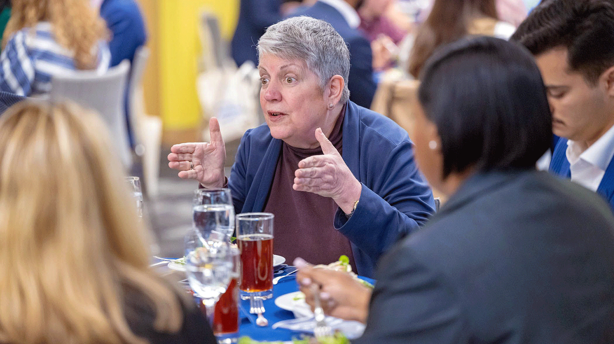 Janet Napolitano, a prominent U.S. national security expert now at UC Berkeley, talks with students and others during the 