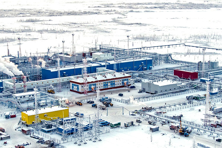 Aerial shot of the Zapolyarnoye gas field, owned by the Russian energy giant Gazprom, surrounded by snowy tundra fields