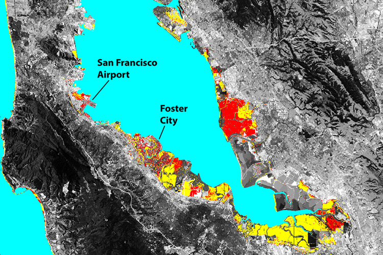 Map shows that treasure island and foster city are susceptible to flooding because of sea level rise and local land subsidence