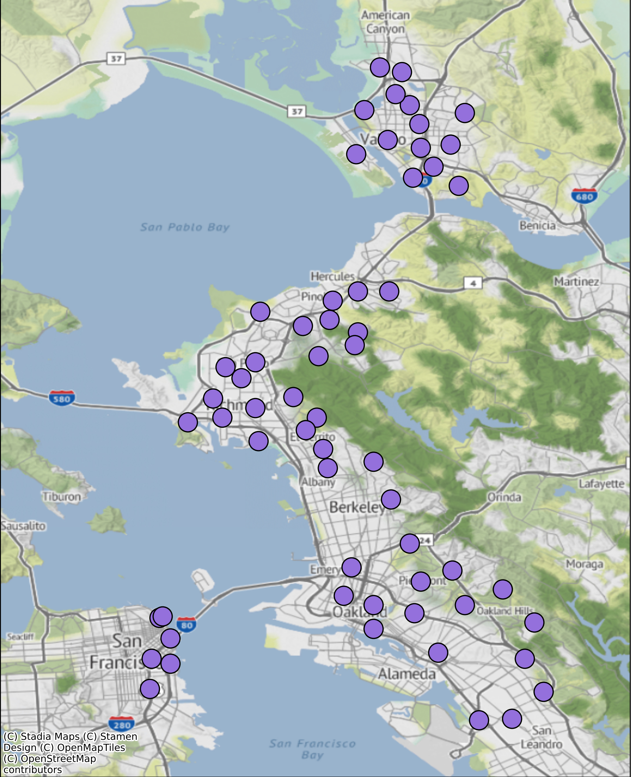 A map of the East Bay of San Francisco, with purple dots showing where sensors are located.