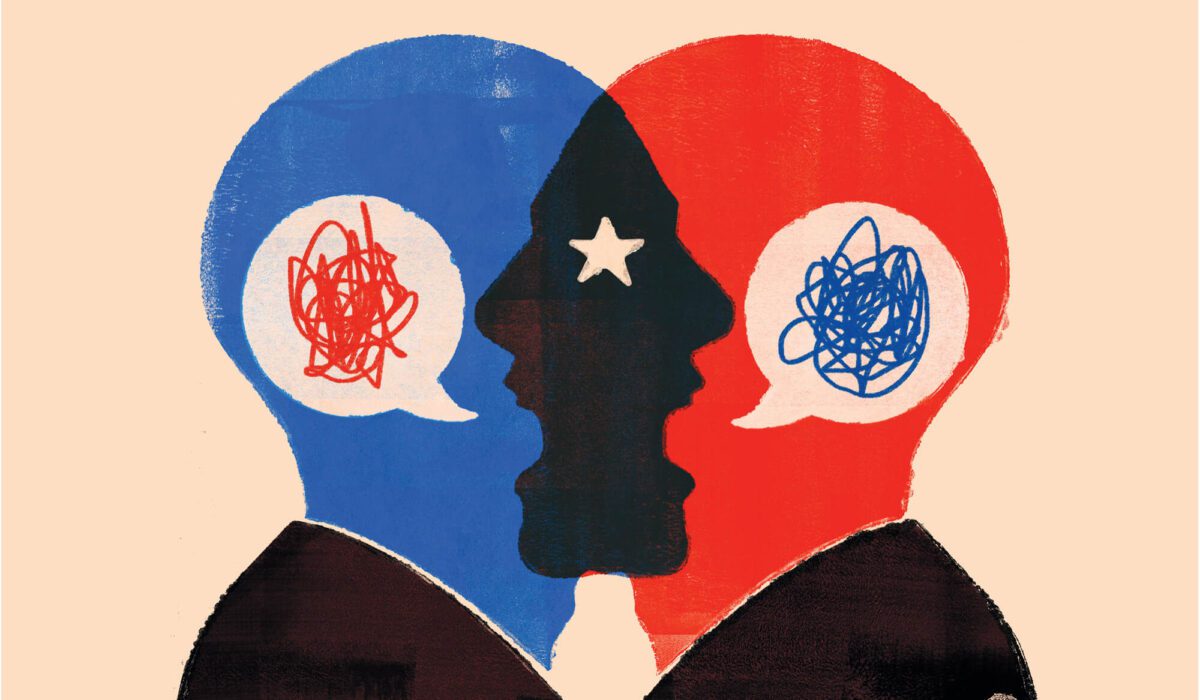 political cartoon of two overlapping heads meant to symbolize the two political parties