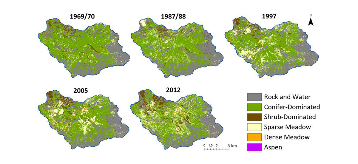 An image shows a series of maps of Illilouette basin that indicate what type of plant cover dominates. Over time, conifer-dominated forest is replaced with patches of meadow, shrubs and aspen.