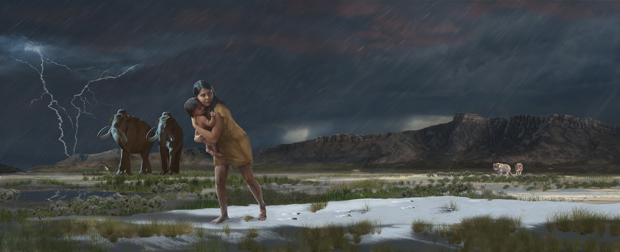 A woman and child walk through mud on a stormy night followed by wolves and mammoths