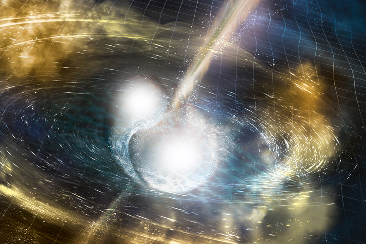 artistic concept of a neutron star merger with two orbs in the middle of the drawing