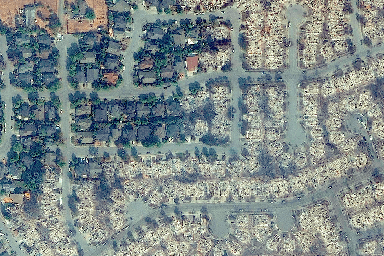 Satellite view of fire-devastated neighborhood in Santa Rosa (Photo by Overview News/DigitalGlobe).