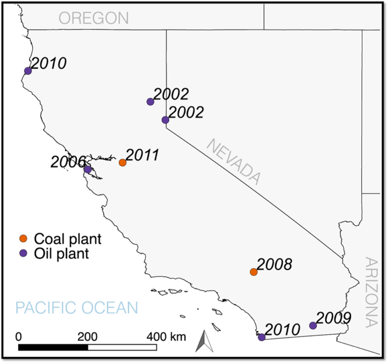 map of California showing locations of power plants closed between 2001 and 2011.