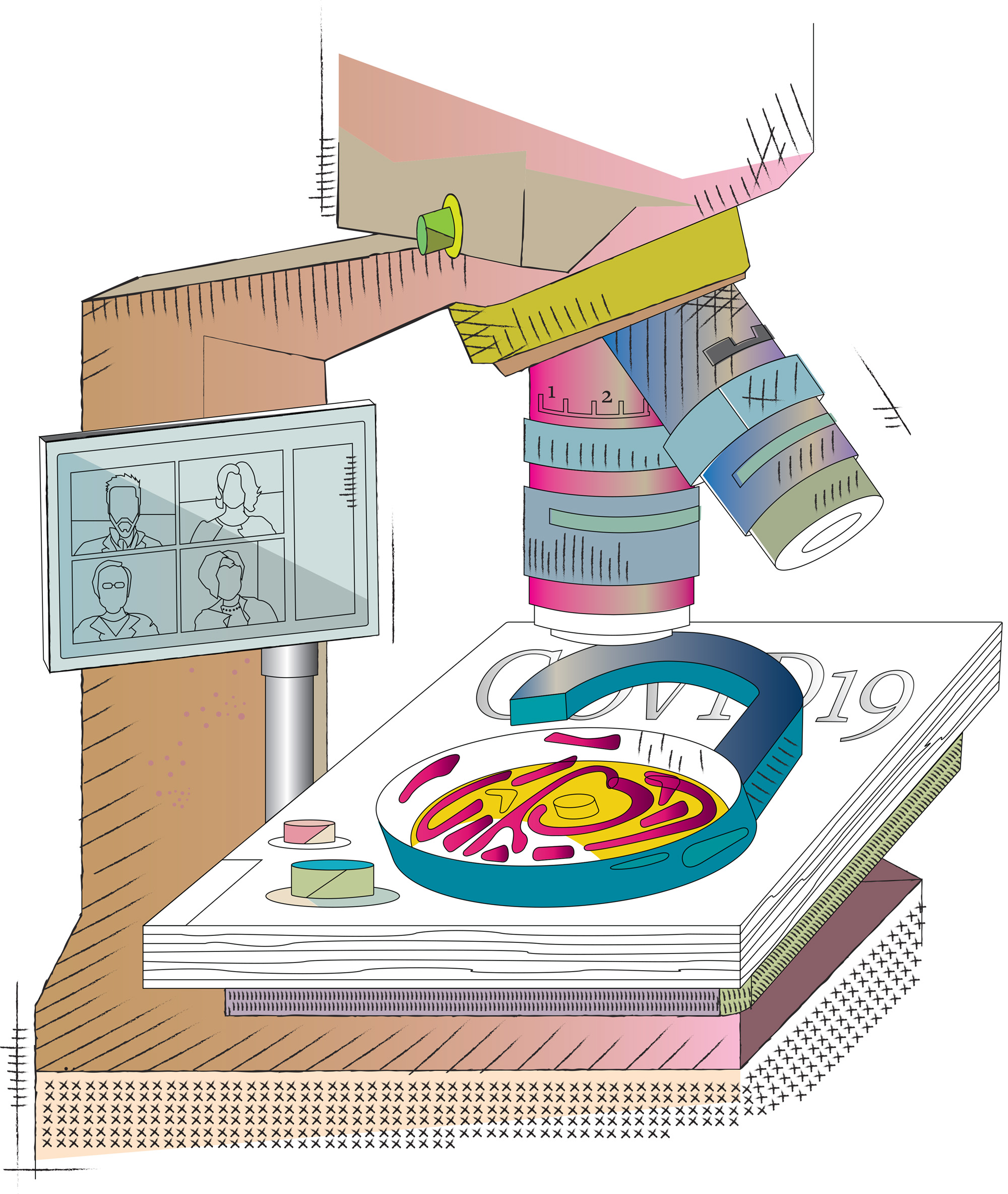 Illustration of microscope, dish with item and video conference image referencing people