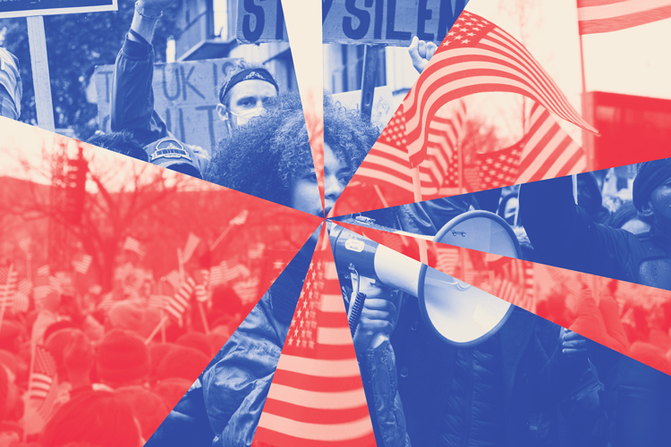 photo illustration of a fractured political landscape, alternating fragments of red and blue, with protesters, U.S. flags and bullhorns