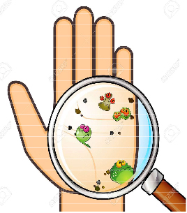 An illustration of a hand with germs as seen up close with a magnifying glass.