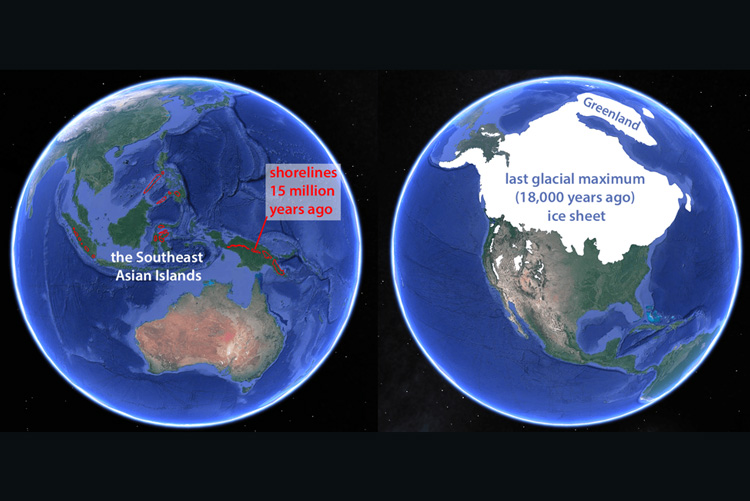 two view of Earth, showing Southeast Asian islands shoreline 15 million years ago, and the northern ice sheets 15,000 years ago