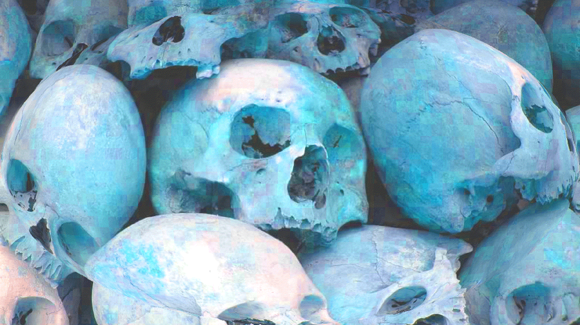 A photo-based illustration showing a mound of skulls 