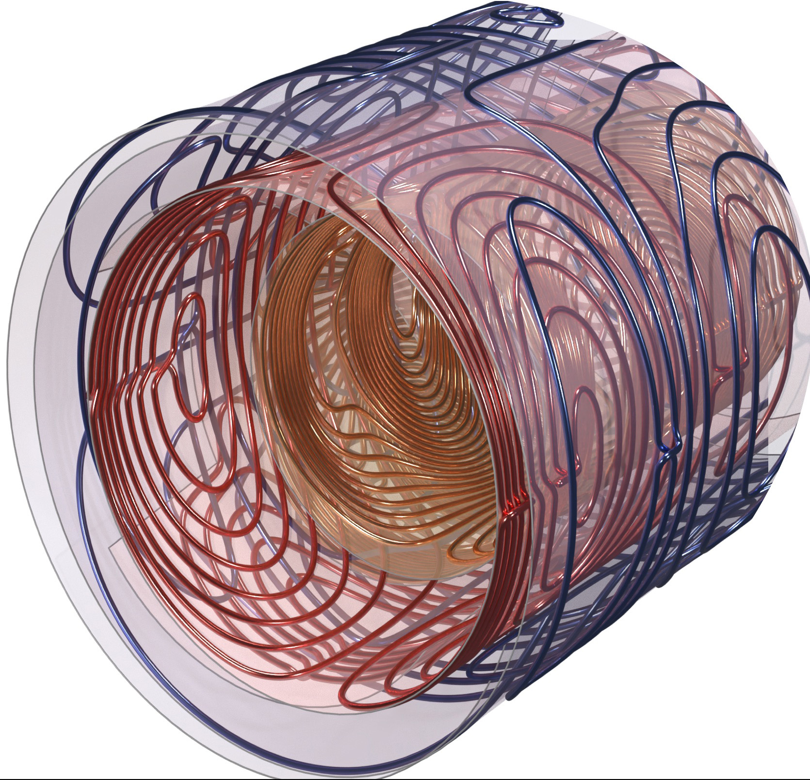 copper colored wires wrapped around a cylinder that holds the patient's head