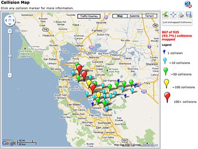 A collision map with various points marked in different colors for the bay area.