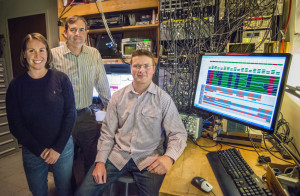 From left, Sydney Schreppler, Dan Stamper-Kurn and Nicolas Spethmann were part of a team that detected the smallest force ever measured using a unique optical trapping system that provides ultracold atoms. Photo: Roy Kaltschmidt