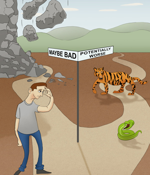 Cartoon showing person at two paths: Maybe bad going one way; potentially worse going in the other.