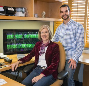 Jennifer Doudna and Samuel Sternberg used a combination of single-molecule imaging and bulk biochemical experiments to show how the RNA-guided Cas9 enzyme is able to locate specific 20-base-pair target sequences within genomes that are millions to billions of base pairs long. Photo: Roy Kaltschmdit