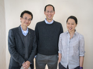 (From left) Peidong Yang, Christopher Chang and Michelle Chang led the development of an artificial photosynthesis system that can convert CO2 into valuable chemical products using only water and sunlight. Photo: Roy Kaltschmidt