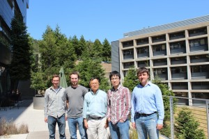 (From left) Chris Thompson, Noah Bronstein, Lin-Wang Wang, Yingjie Zhang and Danylo Zherebetskyy at Berkeley Lab’s Molecular Foundry.