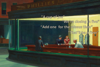 A computer would have a hard time understanding this conversation, but humans get it immediately. That’s because human communicators share a conceptual space or common ground that enables them to quickly interpret a situation. Words and signs are merely a means to seek and provide evidence for such mutual understanding. Artwork: Edward Hopper’s Nighthawks, courtesy of the Art Institute of Chicago.