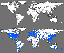maps of the world with blue dots.
