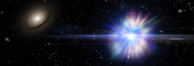  Artist's concept of a Type Ia supernova exploding in the region between galaxies in a large cluster of galaxies, one of which is visible at the left. 