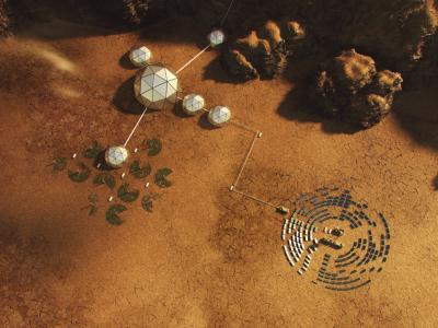 Artist’s rendering of a human base on a new planet, aerial view.