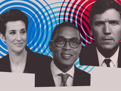 headshots in black and white of MSNBC's Rachel Maddow (left), CNN's Don Lemon, and Tucker Carlson of Fox News, surrounded by concentric circles in deep blue, light blue and red, to represent partisan media bubbles
