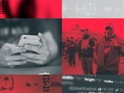 A photo illustration, with red and black images juxtaposed with black and white images, suggesting the connections between social media algorithms and right-wing radicalization