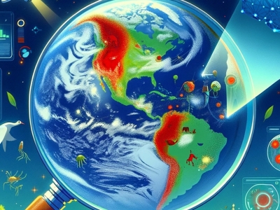 A colorful illustration shows a row of scientists in lab coats looking up at a vision of the Earth seen through a looking glass