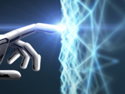 Illustration of a white robot hand touching a light blue network.