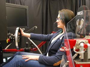 Student Katherine Rose Driggs Campbell in a driving simulator.