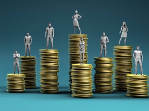 stock image of 8 cartoon people standing on stacks of coins