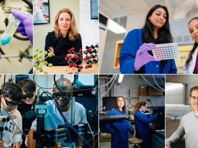 A collage of photos shows scientists working in different types of lab environments