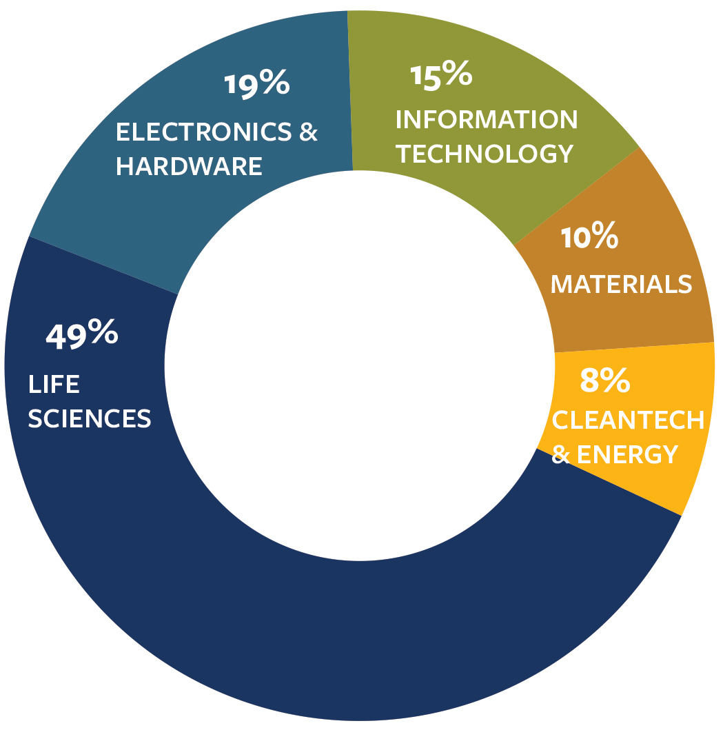 graphic showing distribution of UCB startup companies in 2024; 49% Life Sciences, 19% Electronic & Hardware; 15% Information Technology, 10% Materials, 8% Cleantech & Energy