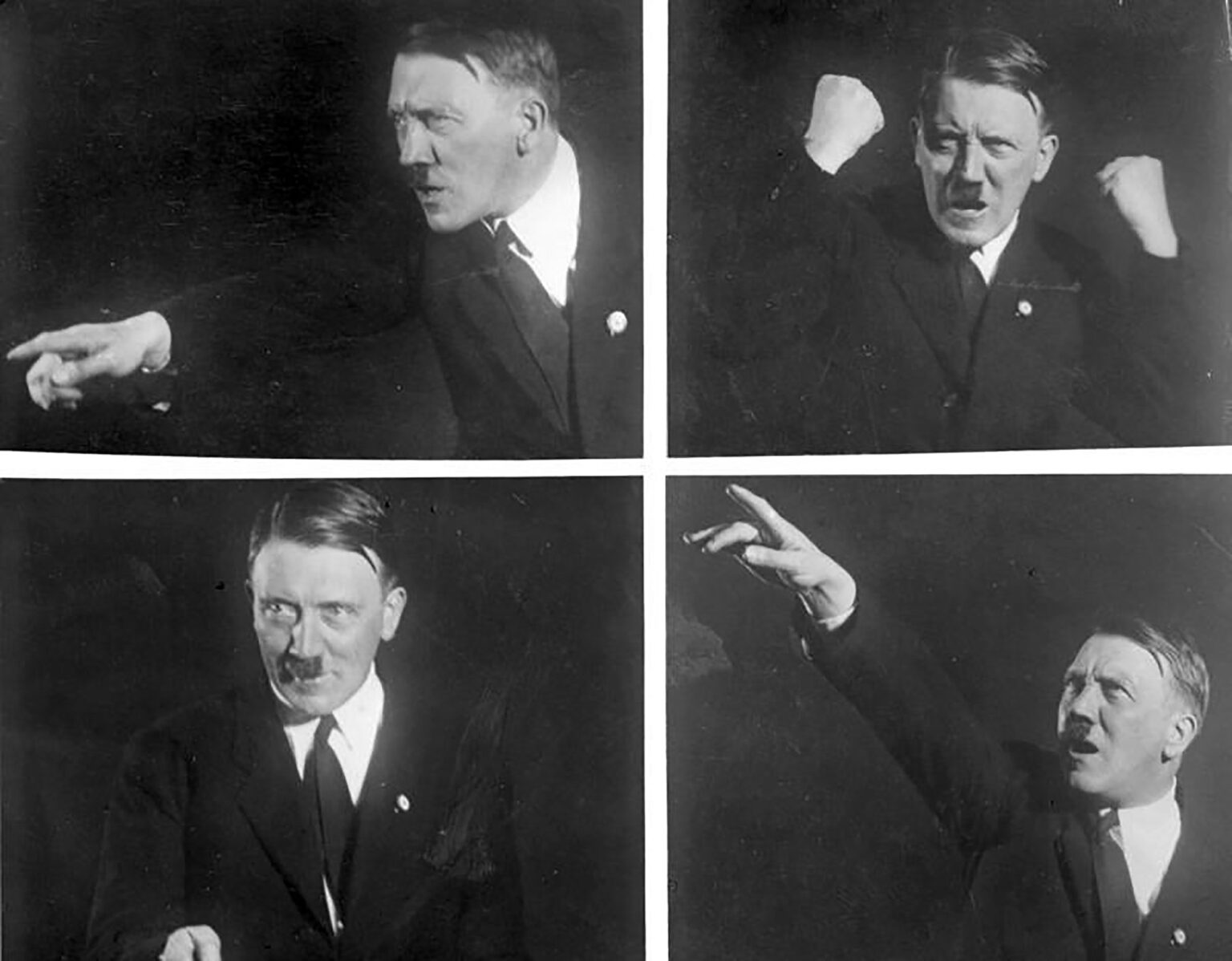 a montage of four black and white images showing Adolph Hitler's flamboyant oratorical style in 1930