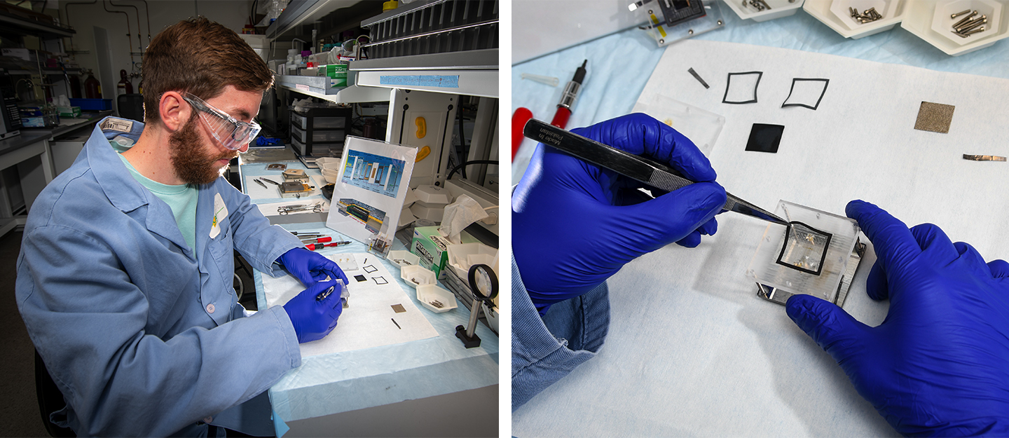 Tobias Kistler, Chemical Sciences Division principal research associate, assembling a solar fuels device at Berkeley Lab’s Liquid Sunlight Alliance (LiSA) research facility.