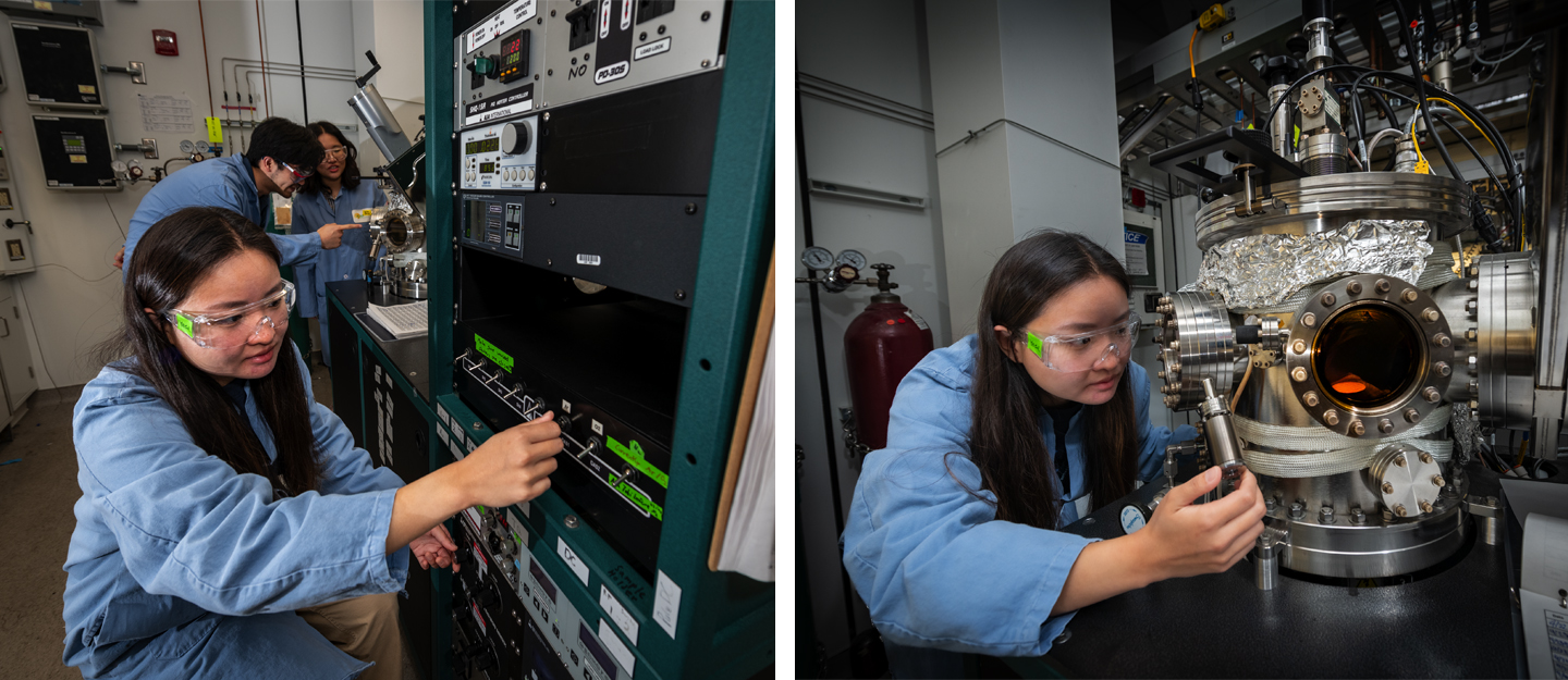 Two images of a researcher in lab coats and safety goggles working with complex scientific equipment. In the first image, a researcher adjusts controls on a panel while others observe. In the second image, the same researcher interacts with a large, metallic vacuum chamber, closely examining the device.