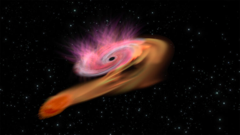 an orange star is stretched out to loop around a dark oval at the center of a pink swirling mass