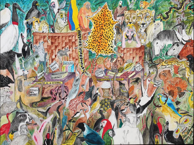 A painting depicting the local fauna and flora of the Colombian llanos in the Orinoquia region, featuring many species of birds, the jaguar, the tapir, and the capybara. The piece also includes people in the llanero culture, whose culture is very embedded in cattle ranching. Photo by Nelson Barragan.