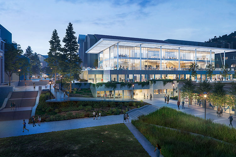 An architectural rendering of a large new building at dusk