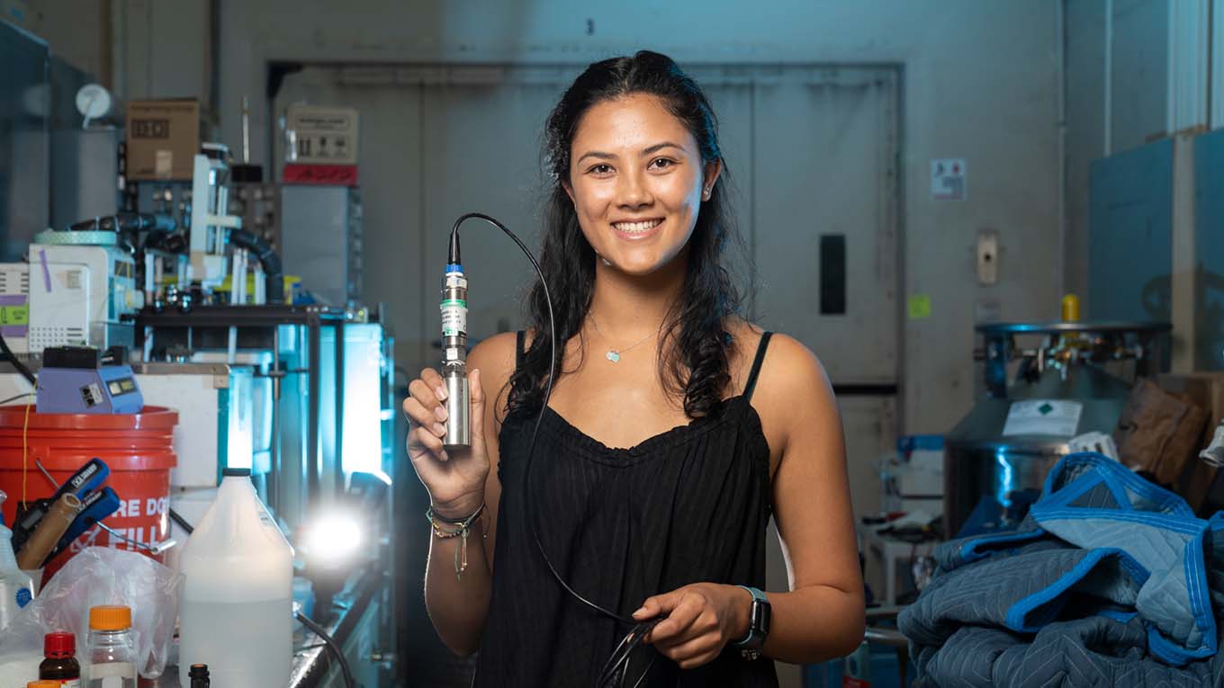 Researcher Brooke Chang holds isochoric chamber in the Rubinsky BioThermal Lab in Berkeley's Department of Mechanical Engineering.